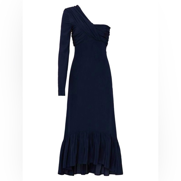 ROKH Women’s One Shoulder Midi Sheath Dress Ruffle Hem Navy Blue Size FR 40 - Picture 5 of 7